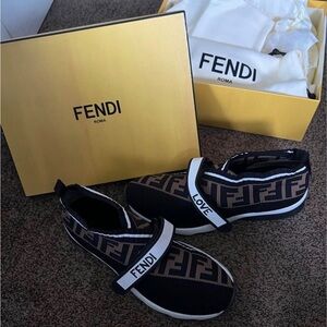 Fendi Black and Brown FF Logo Slip-On Sneakers with Branded Strap